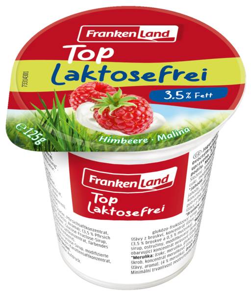 Frankenland Top Fruchtjoghurt laktosefrei,  3,5% Fett, ungekühlt haltbar,4-fach sortiert, 125 G/BE Erdbeere, Himbeere, Pfirsich-Maracuja, Aprikose