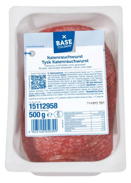 Base Culinar Katenrauchwurst, Rohwurst, geräuchert, gefächert, ca. 46 Scheiben/Pk, 0,5 KG/PK Kaliber 100, nach dtsch.Rezeptur,