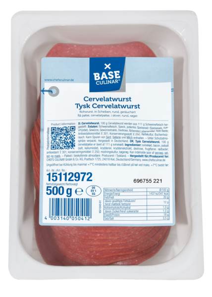 Base Culinar Cervelatwurst, Rohwurst, geräuchert, gefächert, ca. 46 Scheiben/Pk, 0,5 KG/PK Kaliber 100, nach dtsch.Rezeptur,