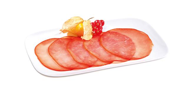 Henkelmann Nussschinken, mild geräuchert, gefächert, ca. 40 Scheiben je Packung, 0,5 KG/PK Kaliber 90/95,
