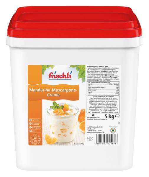 Frischli Mandarine-Mascarpone-Creme 4,8-5,4%, Pudding mit Fruchtzubereitung 5 KG/EI Mandarine-Mascarpone (6% Fruchtgehalt, 0,3% Mascarpone) ungekühlt haltbar