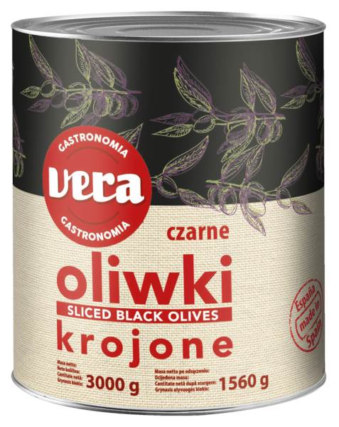 Vera Oliwki czarne krojone, 3000 GR/PS masa netto po odcieku: 1560g