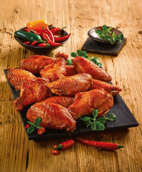 TK Sprehe Chicken Wings hot, gegart, 2,5 KG/BT Hähnchenflügel geteilt ohne Spitzen, scharf gewürzt, gegart, einzeln entnehmbar