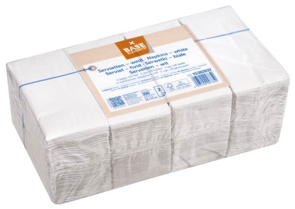 Base Elements Zelltuch-Servietten, weiß, 33x33cm, 2-lagig, 1/8 Buchfalz, 300 Stück, (174825) 1 PK