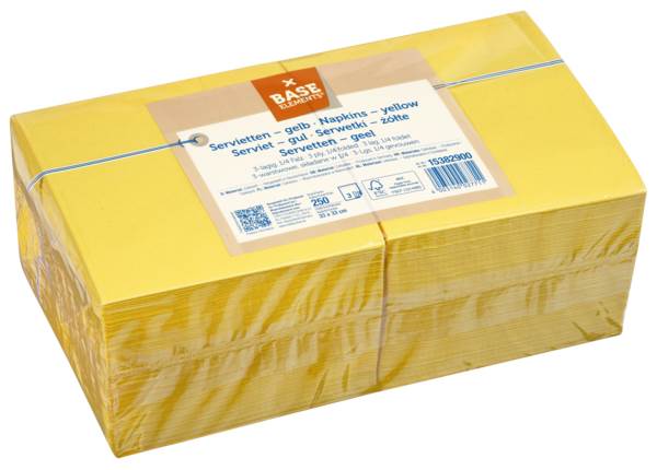 Base Elements Zelltuch-Servietten, gelb, 33x33cm, 3-lagig, 1/4 Falz, 250 Stück, (174827) 1 PK