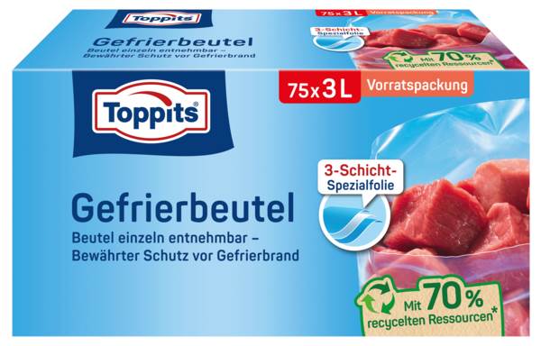 Toppits Gefrierbeutel, mit Standboden, 3 Liter, 75 Stück, (208132) 1 PK