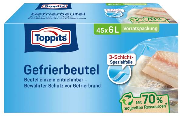 Toppits Gefrierbeutel, mit Standboden, 6 Liter, 45 Stück, (208149) 1 PK