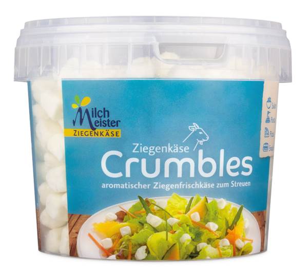 MilchMeister Ziegenfrischkäse Crumbles, pasteurisierte Ziegenmilch, 50% Fett.i.Tr., Dtl., 500 G/EI kleine Krümel aus Ziegenfrischkäse