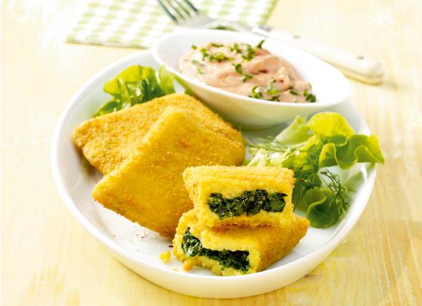 TK Vegeta Polenta-Spinat-Knuspertasche, ca. 75g, 80 ST/KT Maisgrieß-Tasche mit Spinatfüllung, vorfrittiert