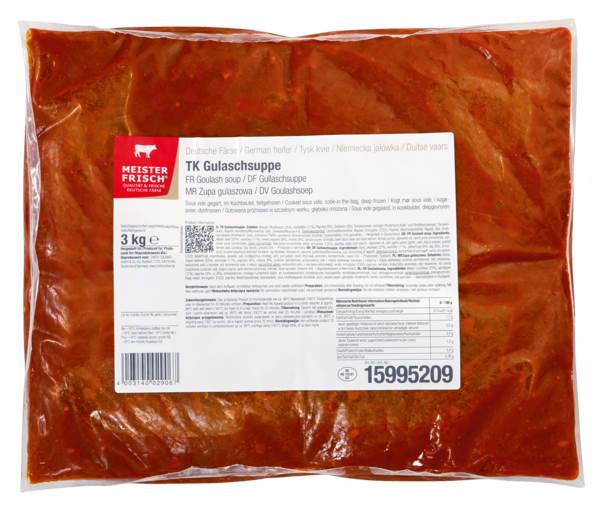 TK Meisterfrisch Hi Taste Gulaschsuppe, 3 KG/BT Rindfleisch mit Zwiebeln-Kartoffeln-Paprika, FEW 17% , Portionsvorschlag 200 g