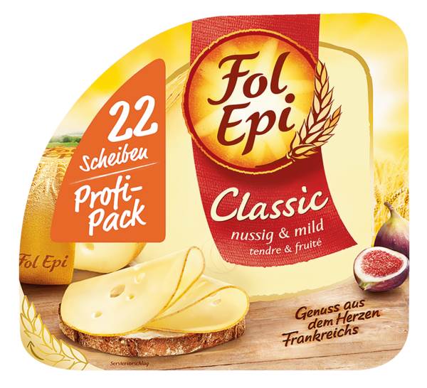 Fol Epi Scheiben Classic, Schnittkäse aus Kuhmilch, 50% Fett i.Tr., Frankreich 462 G/PK aus pasteurisierter Milch, Rinde zum Verzehr geeignet