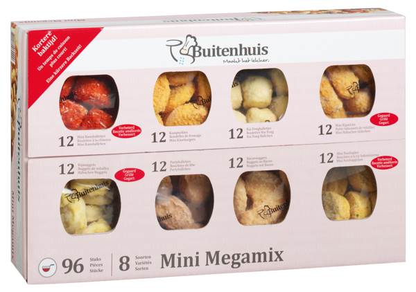 DV Buitenhuis mini megamix 20gr, 8 verschillende soorten 96 ST/DS kaaspuck, hai-fongbal, bamibal, nasihap, partybal, kipstick, kip & bacon nugget