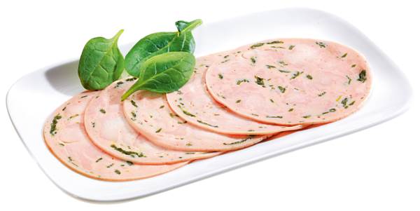 Holsteiner Putenräucherei Geflügel-Gutswurst mit Blattspinat, gefächert, ca. 30 Scheiben/Pk, 0,5 KG/PK Kaliber 100