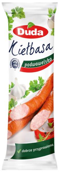 Duda Kiełbasa Podwawelska, wieprzowa, wędzona, parzona, ok.450-650g, ok. 0,55 KG/PR , średnio rozdrobniona,