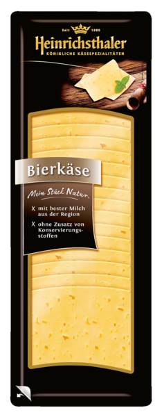 Heinrichsthaler Bierkäse, Schnittkäse aus Kuhmilch, 60% Fett i.Tr., Deutschland, 500 G/PK leicht säuerlich im Geschmack, leichtes Zwiebel- und Bieraroma