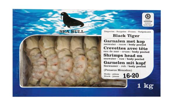 DV garnalen Black Tiger 16/20, met kop en gepeld 1 KG/ZK