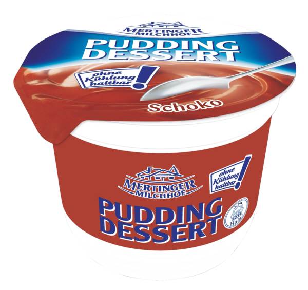 Mertinger Milchhof Pudding-Dessert Schoko 1,3% 100 G/BE vegetarisch, glutenfrei und Halal zertifiziert, ungekühlt haltbar
