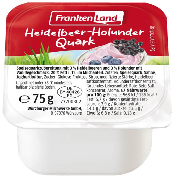 Frankenland Fruchtquark Heidelbeer-Holunder, 20% Fett, 75 G/BE