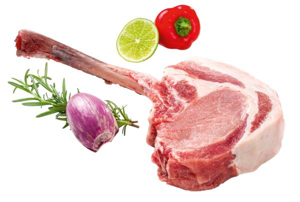 TK deutsches Duroc Schweine- Tomahawk, in Scheiben, ca. 400- 500g, ca. 0,45 KG/PK aus dem Rücken
