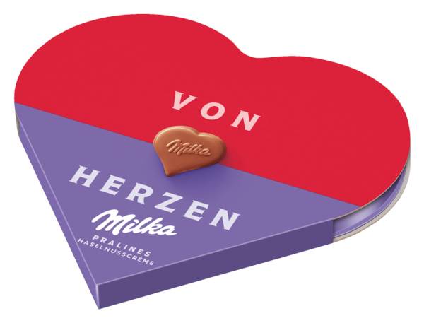 Milka I love Milka, herzförmige Alpenmilch-Pralinés mit Nuss-Nougat-Füllung, 44 G/PK