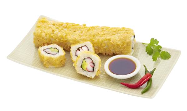 TK Sushi Tempura Surimi Avocado, 215g Rolle, 2 Rollen im Beutel, 3 Bt im Karton, 1,29 KG/KT Ganze Sushirollen in Tempurateig mit Surimi und Avocado, IQF