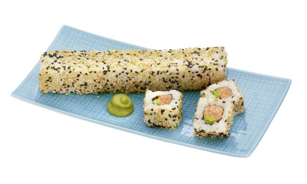 TK Sushi California Lachs Avocado, vorgeschnitten, 9 Stück á 22g pro Rolle, 1,2 KG/KT gefüllt mit gekochtem Lachs in Teriyaki Sauce und Avocado