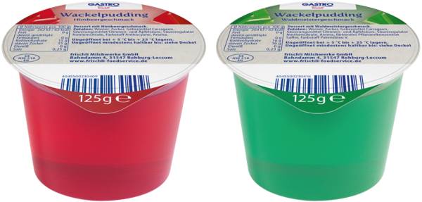 Frischli Wackelpudding, 2- fach sortiert, je 10 x Himbeere und Waldmeister, 0,125 KG/BE