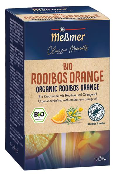 Meßmer Classic Moments Bio Rooibos-Orange, mild-süßlich mit Orangenöl verfeinert, Tassenportion à 2,0g, 18 BT/PK