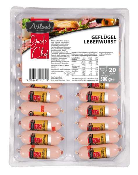 Artland Geflügelleberwurst mit Rapsöl, fein gekörnt, im Kunstdarm, 20 x 25 g, 0,5 KG/PK