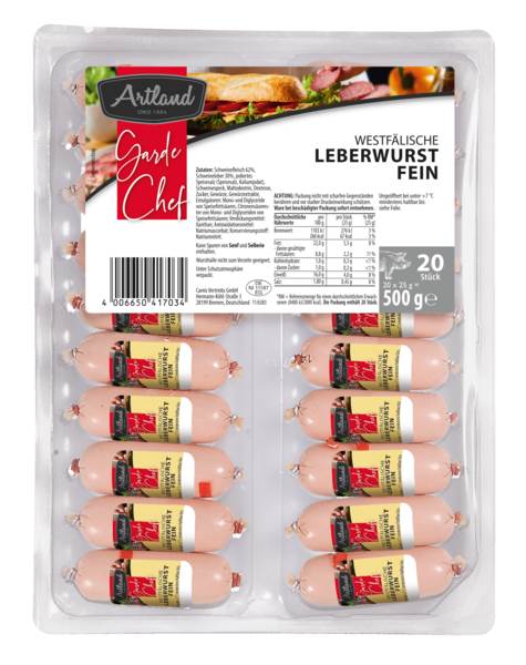 Artland Westfälische Leberwurst, fein gekörnt, im Kunstdarm, 20 x 25 g, 0,5 KG/PK