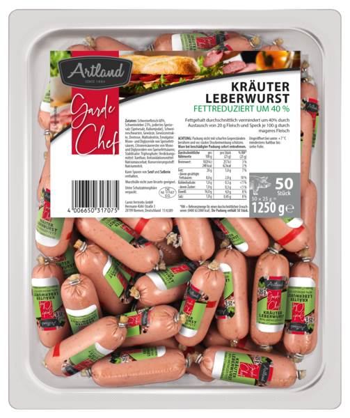 Artland Leberwurst-Sortiment fettreduziert um 40 %, 2fach, 100 x 25 g, 2500 G/ST Deli.Leberwurst -Kräuterleberwurst, im Kunstdarm, Kaliber 24
