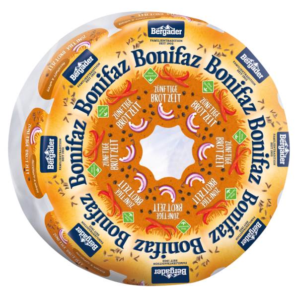 Bergader Bonifaz "zünftige" Brotzeit, Weichkäse, Kuhmilch, 70% Fett i.Tr., Deutschl., ca. 1,2 KG/ST Paprika, Zwiebel, schwarzer Pfeffer und Kümmel veredelt mit Rotkultur