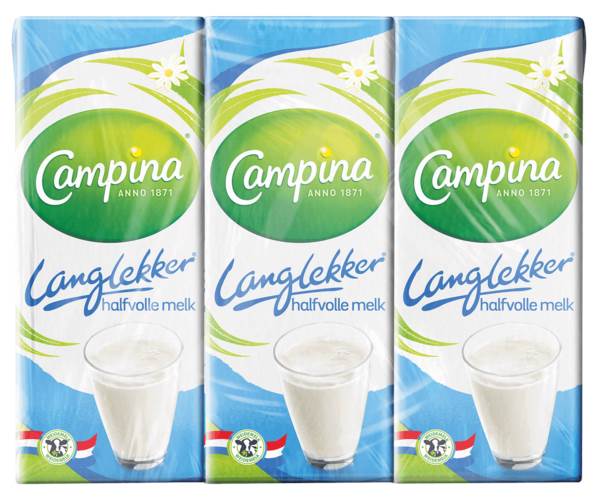 Campina langlekker halfvolle melk mini 200ml, pakje 6 ST/GB
