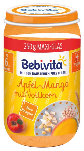 Bebivita Bio Frucht&Getreide, Apfel mit Mango und Vollkorn, Baby-Menü, ab 6. Monat, (DA14006-01) 250 G/GL