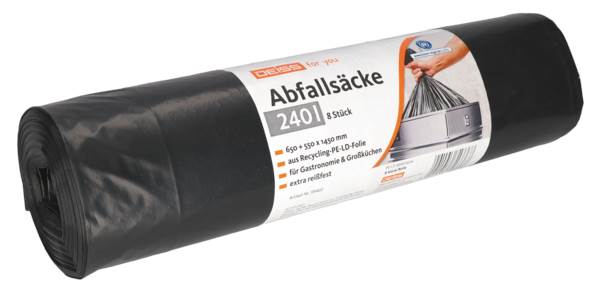 Deiss Müllsäcke, schwarz, 52my, 650+550x1450mm, 240 Liter, 8 Stück, (95460) 1 RO