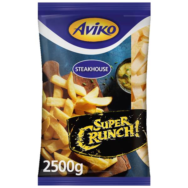 Mr Aviko Frytki Steakhouse SuperCrunch, cięcie 10x20mm, smażone w oleju słonecznikowym, 2,5 KG/TB , z chrupiącą ryżową otoczką zapewniającą wydłużoną chrupkość, (806705)