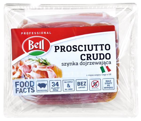 Bell Prosciutto Crudo, szynka wieprzowa, dojrzewająca, wędzona, plastry, MAP, 500 GR/PA