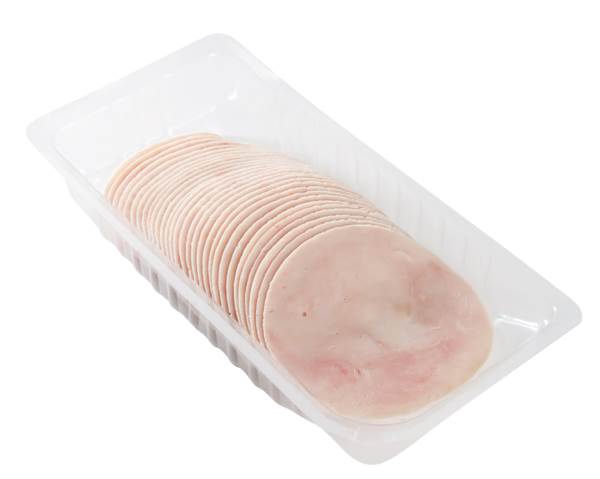 Henkelmann Putenformfleisch, aus der Putenbrust zusammengefügt - gepökelt, 0,5 KG/PK gegart, gefächert, ca. 30 Scheiben je Packung, Kaliber 105/110,