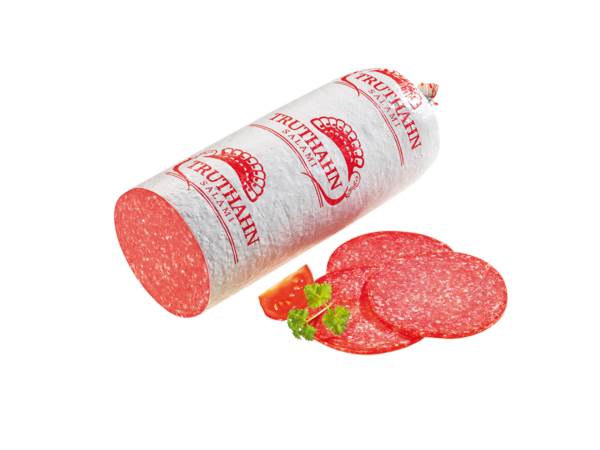 Holsteiner Putenräucherei Truthahnsalami mit Pflanzenfett, fein gekörnt, im Kunstdarm, 1/1 Stange, 1,8 KG/ST Kaliber 80