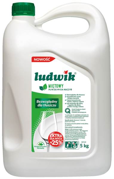 Ludwik Płyn do mycia naczyń miętowy, bezwzględny dla tłuszczu, 5 KG/ST , posiada atest PZH