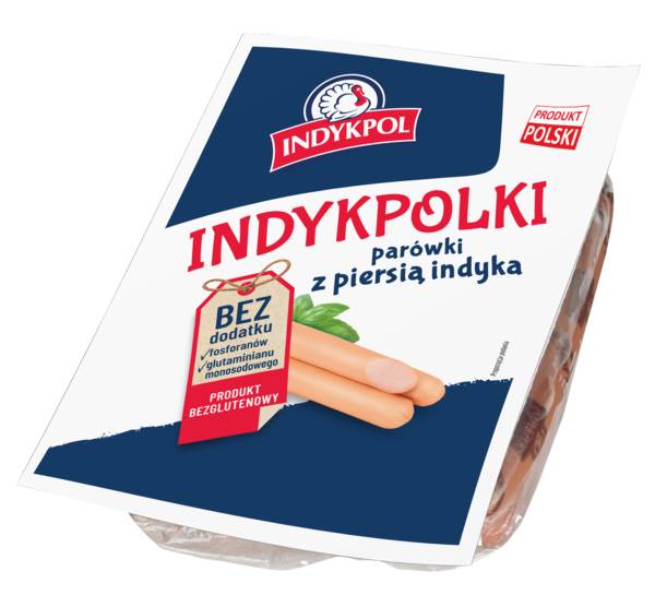 Indykpol Parówki Indykpolki, kiełbaski drobiowe, wędzone, parzone, drobno rozdrobnione, 1 KG/PR  , w osłonce niejadalnej, map, ok.20-22szt.