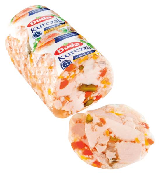 Duda Kurczak w galarecie, wędlina drobiowo-wieprzowa, kaliber 95, w osłonce, ok. 2,5 KG/PR