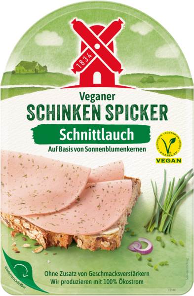 Rügenwalder Veganer Schinken Spicker mit Schnittlauch, gegart, gefächert, ca. 8 Scheiben/Pk, 80 G/PK veganes Erzeugnis nach Art einer Schinkenwurst auf Basis von Sonnenblumenkernen