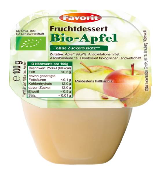 Favorit Bio Fruchtdessert, Apfel, ungezuckert, 100 G/BE