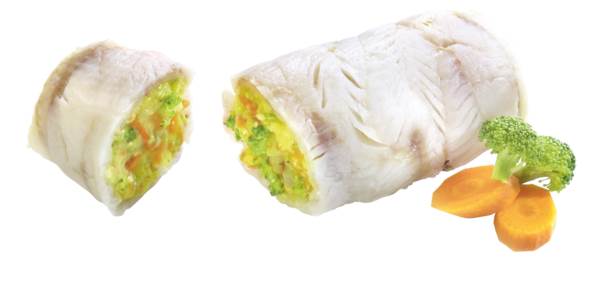 TK Base Culinar MSC Fischroulade "Gartengemüse", IQF, ca.34 Stück, ca.145g, 5 KG/KT aus Paz. Seehechtstücken, mit Gemüsefüllung (23%), konvektomatgeeignet