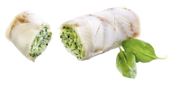 TK Base Culinar MSC Fischroulade "Korfu", IQF, ca.34 Stück, ca.145g, 5 KG/KT mit Blattspinat-Käse-Füllung (24%), konvektomatgeeignet