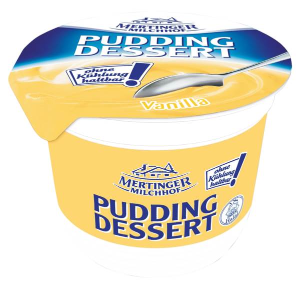 Mertinger Milchhof Pudding Dessert Vanilla 1,3% 100 G/BE vegetarisch, glutenfrei und Halal zertifiziert, ungekühlt haltbar