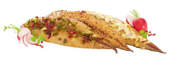 TK Star Culinar Makrelenfilet gemischt, mit Haut, geräuchert, ca.20-26 Stück, ca.100-130 g 2,5 KG/KT IQF, mit verschiedenen Auflagen, Nettofüllgewicht: 2,5 kg