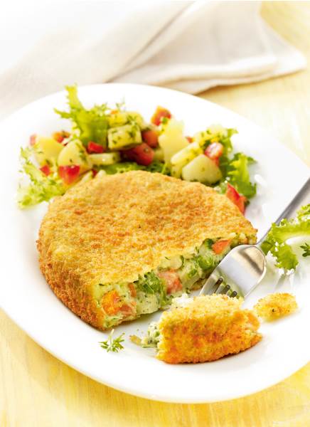TK Vegeta Gemüse-Knusper-Frikadelle, 180g 40 ST/KT aus Porree, Karotten, Sellerie, Blumenkohl, Erbsen und Zwiebeln, paniert