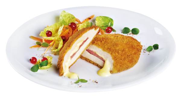 TK Hähnchen Form Cordon Bleu, paniert, gegart, ca. 24x125g, 3 KG/KT Formfleischschnitte gefüllt m. Edamerkäse und gek. Putenformfleischschinken